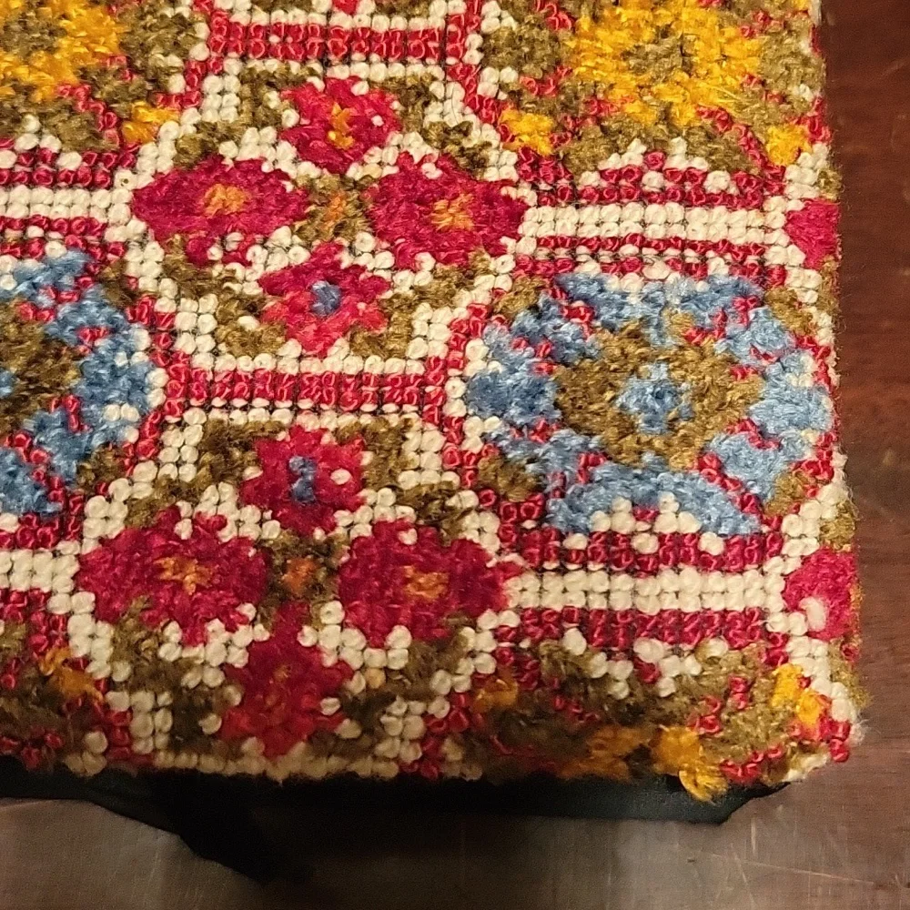 Vintage Tapestry Needlepoint Floral Jewelry Box with Aqua Blue Lining